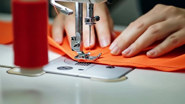 Close up of female hands sewing orange fabric on a professional sewing machine for fashion design and tailoring