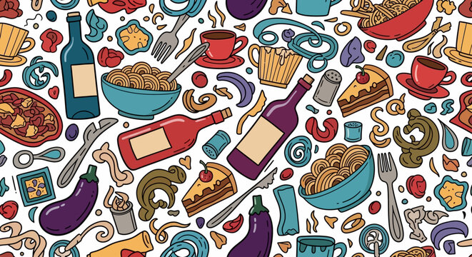 colorful hand-drawn food pattern featuring pasta wine and kitchen items perfect for culinary design or textile backgrounds