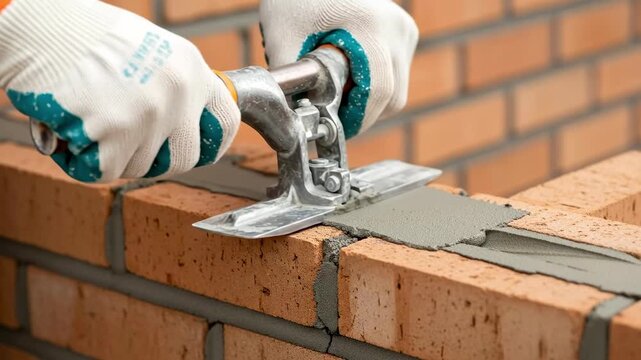 Professional Bricklayer Using Jointing Tool for Brickwork Pointing on Construction Site