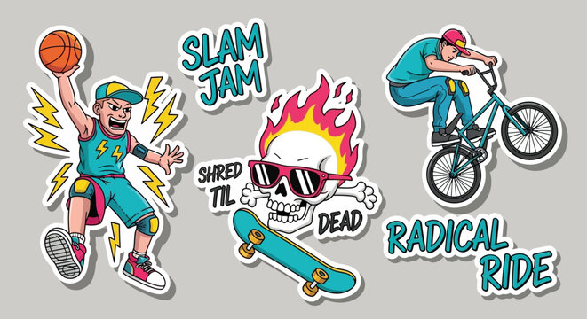 dynamic action sports stickers showcase basketball bmx and skateboarding ideal for radical youth culture designs and active lifestyles.