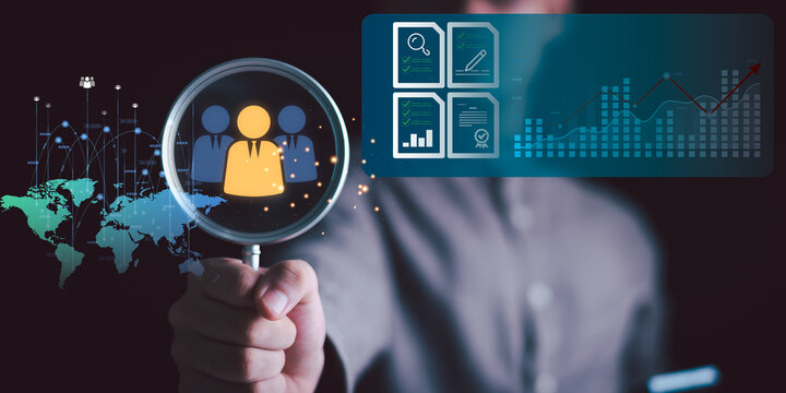 HR recruiter analyzes candidate screening data, workforce analytics, recruitment strategy, talent acquisition, employee evaluation, hiring metrics, global networking, and performance reporting.