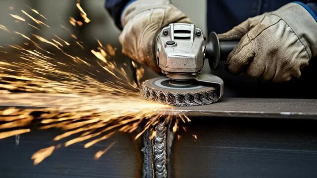 Metalworker using angle grinder with wire brush on steel beam weld cleaning sparks flying industrial metal fabrication work