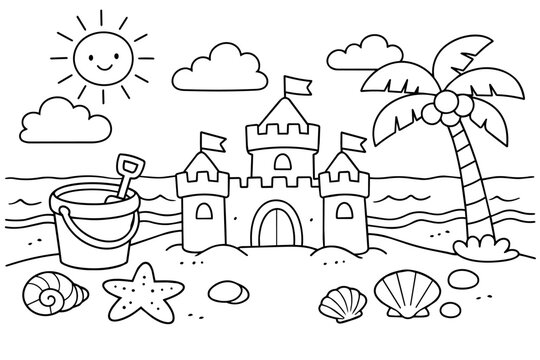Sandcastle coloring page at beach with smiling sun, palm tree, bucket, shovel, starfish and various sea shells, depicting summer vacation fun and seaside activities line art