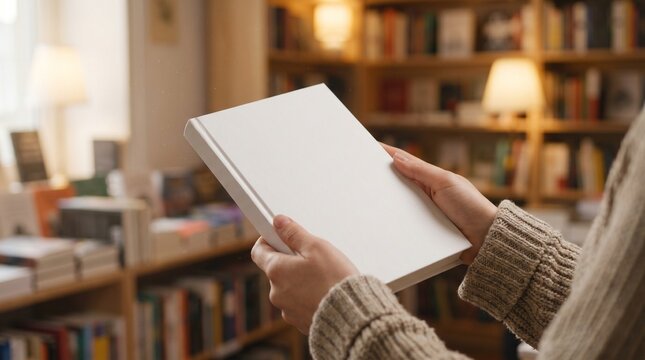 Close-up of hands holding a blank white book mockup in a cozy bookstore interior