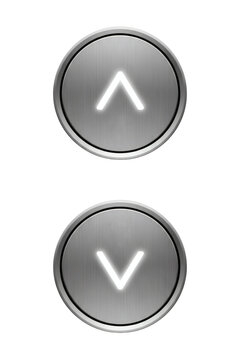High-quality realistic 3D rendered illustration of two modern metallic circular buttons with glowing up and down arrow symbols, ideal for user interfaces or elevator panels&nbsp;