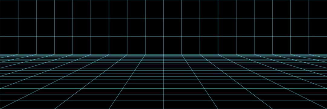 Linear grid bg with 3D floor space, pattern perspective game studio. Retro abstract futuristic wireframe room model, tech vector square. Black 80s geometric cyberpunk. Blue virtual 90s arcade neon.
