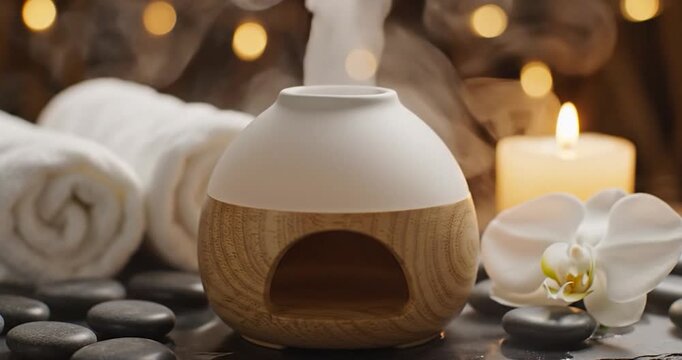 Aroma diffuser releasing steam in a serene spa setting with candle