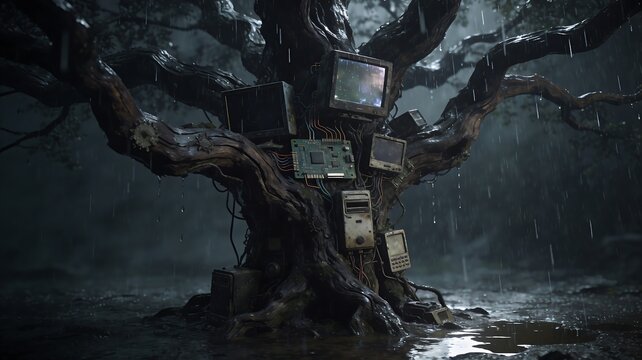 Ancient Tree with Vintage Electronics, Screens and Circuit Boards in Rain