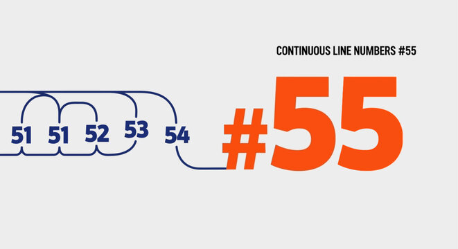 continuous line numbers 51-54 show progression connecting to a large orange hashtag 55 representing digital sequence versioning.