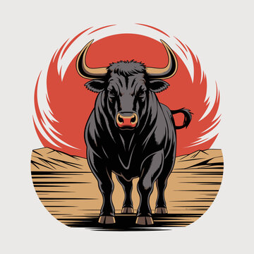 Black bull standing on ground.