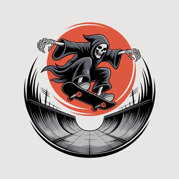 Grim Reaper on skateboard performing trick.