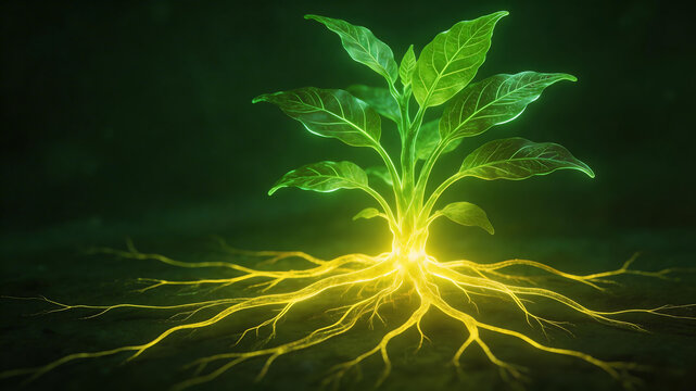 Glowing plant with illuminated roots ideal for sleek commercial backgrounds and title sequences