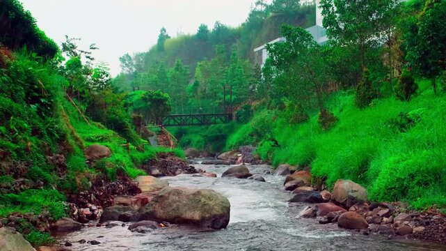 Clear stream rushes over smooth stones.