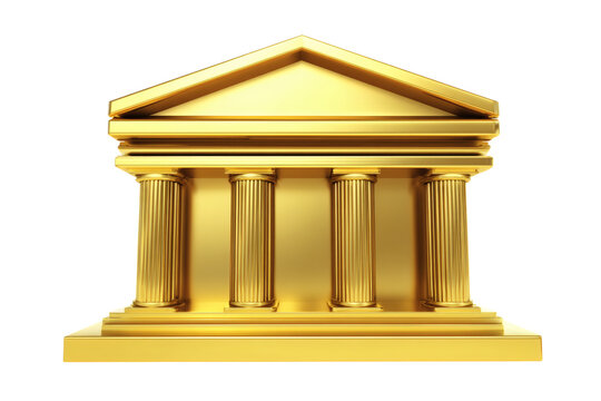Three dimensional rendering of a classic golden Greek temple facade featuring four fluted columns and a triangular pediment structure&nbsp;
