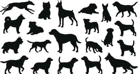 Dog silhouettes mega set vector illustration of different purebred canines in diverse poses isolated on white background © IconicCreations