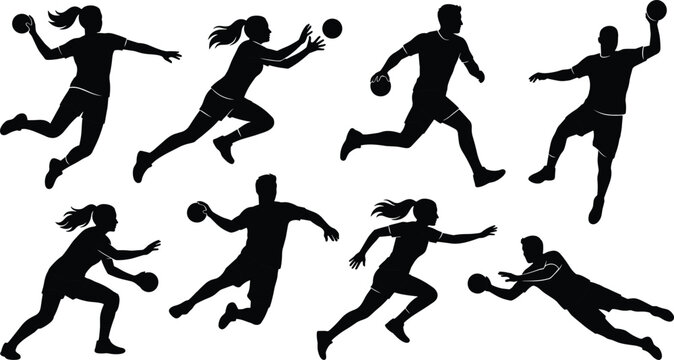 Handball players black silhouettes set vector illustration of male and female athletes jumping throwing catching and running isolated on white background