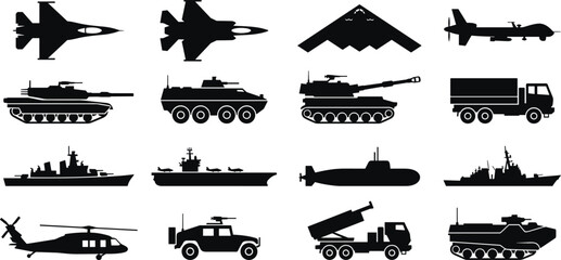 Military vehicles black silhouettes set vector illustration of army transport aircraft tanks and warships isolated on white background © IconicCreations