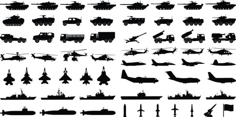 Military vehicles and machinery mega set black silhouettes vector illustration of army tanks aircraft ships helicopters and weaponry isolated on white background © IconicCreations
