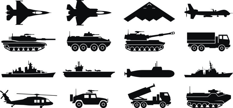 Military vehicles black silhouettes set vector illustration of army transport aircraft tanks and warships isolated on white background