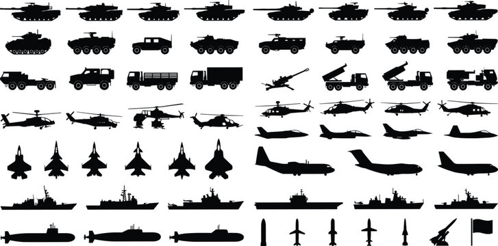 Military vehicles and machinery mega set black silhouettes vector illustration of army tanks aircraft ships helicopters and weaponry isolated on white background