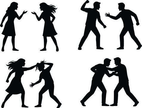 People fighting and arguing black silhouettes set vector illustration of men and women in conflict domestic violence verbal abuse and physical brawl isolated on white background