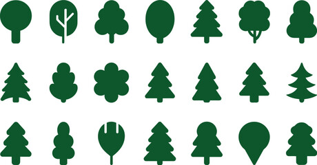 Set of twenty-one dark green tree silhouettes and forest © Razvi