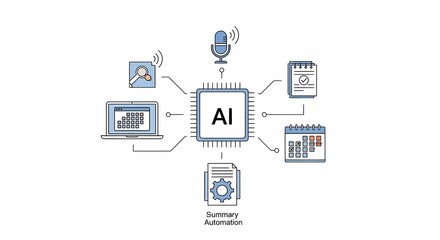 Fototapeta premium Artificial Intelligence chip at the center of a network of interconnected digital applications and automated processes.