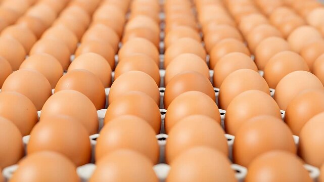Many fresh brown chicken eggs neatly arranged in rows inside a paper carton container for retail sale representing natural food products from local farm poultry in industrial farming