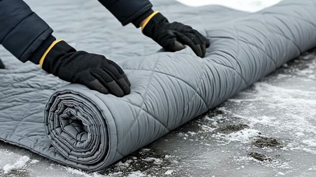 Worker in gloves unrolling insulated concrete curing blanket on frozen ground for winter construction site protection