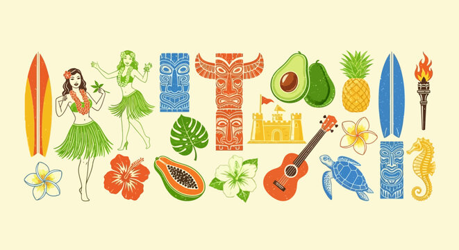 hawaiian tropical vacation vector collection featuring hula dancers tiki masks and surfboards perfect for summer island designs.
