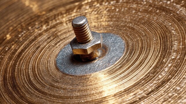 Close-up of a vintage bronze drum cymbal with center bolt and nut