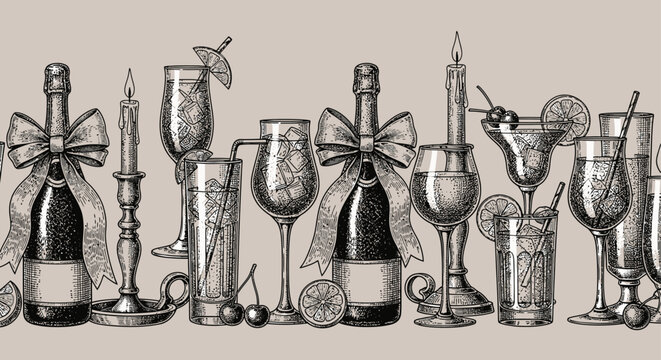 vintage drinks seamless border with elegant champagne various cocktails and burning candles perfect for festive celebration backgrounds