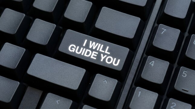 A close up shot of a black computer keyboard where one specific key displays the text I Will Guide You in bright white letters to emphasize a clear message of support and helpful guidance