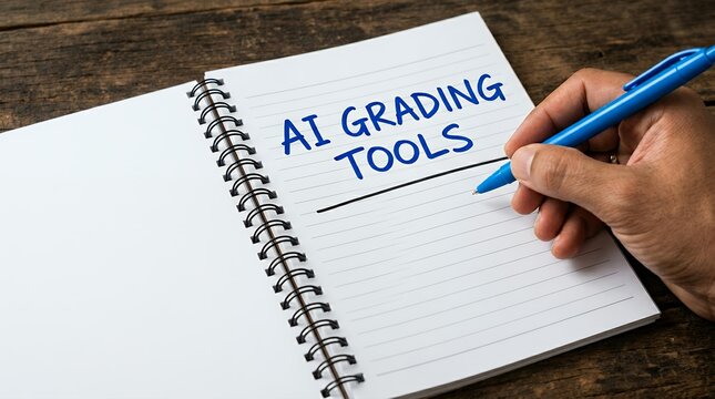 A person holds a blue pen while writing the words AI Grading Tools on a blank page inside a spiral notebook that rests on a textured wooden table surface under bright natural indoor lighting
