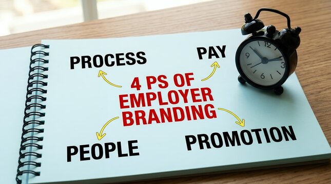 A spiral bound notebook displays the four Ps of employer branding including process pay people and promotion written in black text with an alarm clock sitting on a light blue paper surface