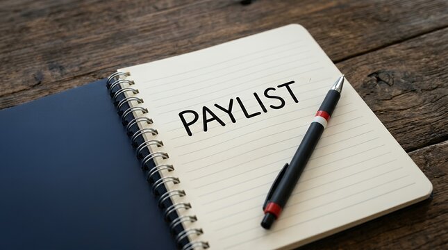 A spiral bound notebook lies open on a rustic wooden surface with the word playlist printed in black ink on the page and a sleek black pen resting diagonally across the lined paper sheets
