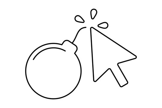 Mouse pointer clicking on the fuse of a cartoon style bomb icon for phishing or cybersecurity concepts outline vector
