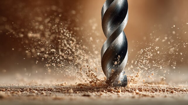 A metal drill bit drilling into wood, creating a spray of sawdust and wood particles in motion.