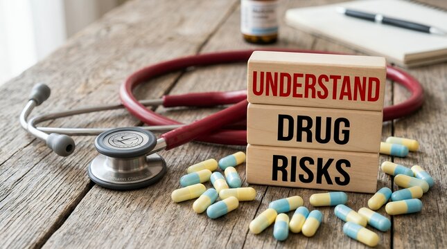 A wooden table surface displays a stack of three wooden blocks with the words Understand Drug Risks printed on them surrounded by a red stethoscope and several blue and yellow pill capsules