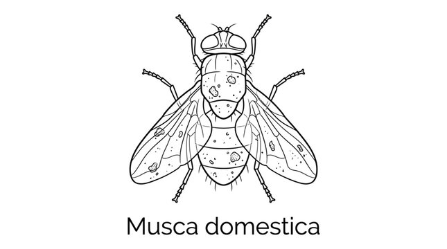 Musca domestica illustration, common housefly, insect anatomy, vector line art