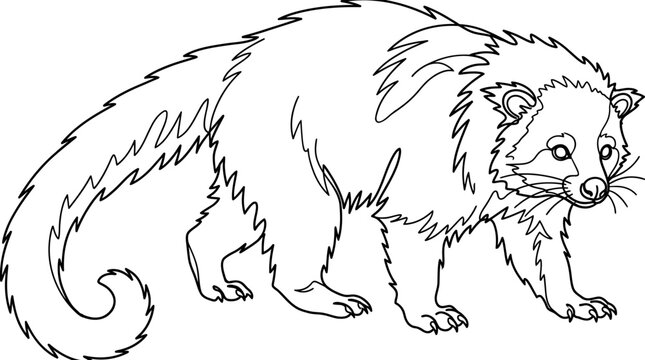 Outline Drawing of a Raccoon-like Mammal with Bushy Tail and Masked Face