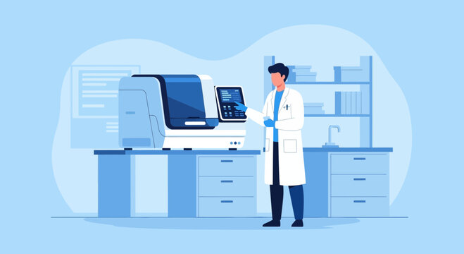 Scientist Operating Advanced DNA Sequencer in Modern Laboratory