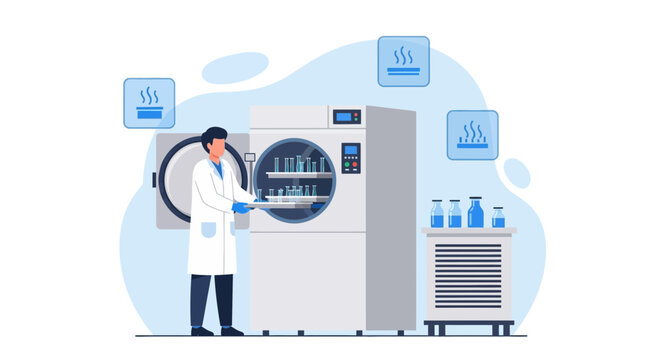 Scientist operating freeze dryer machine in laboratory for scientific research