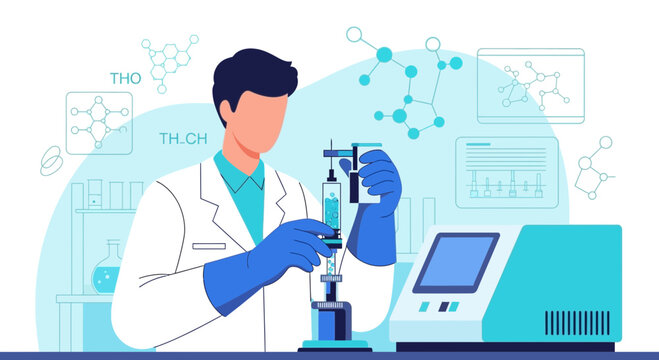 Scientist performing titration experiment in laboratory with molecular structures in background