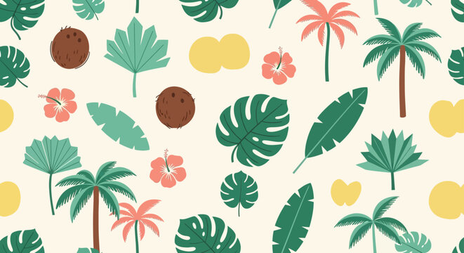 vibrant seamless tropical pattern featuring palm trees monstera leaves hibiscus and coconuts great for summer vacation.