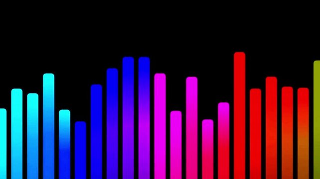 Rainbow equalizer audio bars pulsating with vibrant gradient colors on a solid black background.