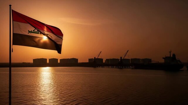 Iraqi flag waving over industrial oil terminal at sunset representing energy sector development and global trade