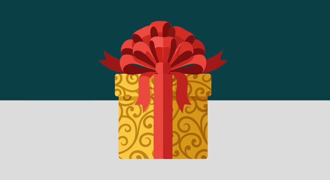a festive gold gift box with an ornate design and a vibrant red bow symbolizing holiday season surprises and special occasion celebrations.