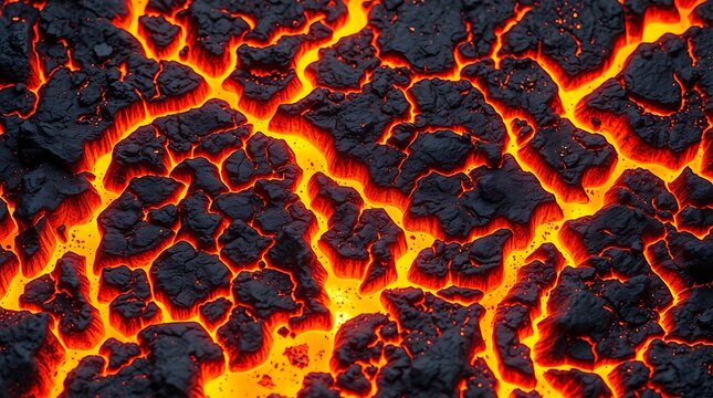 closeup of molten orange magma flowing between volcanic stones