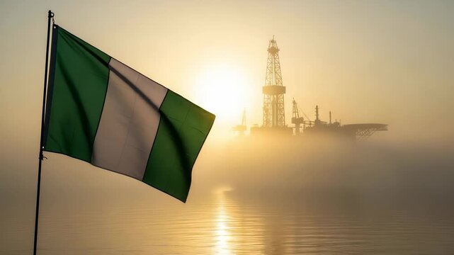 Nigerian flag waving before an offshore oil rig at sunrise representing energy industry and national economy